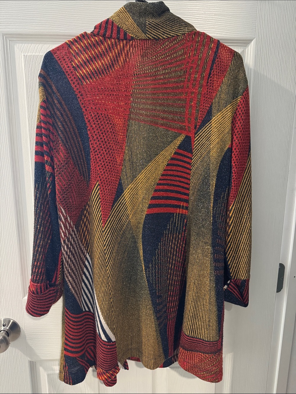 Red Multi-Color Patterned Tie-Front Women's Jacket - Picture 2 of 4